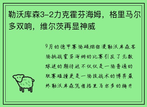 勒沃库森3-2力克霍芬海姆，格里马尔多双响，维尔茨再显神威