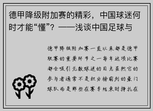 德甲降级附加赛的精彩，中国球迷何时才能“懂”？——浅谈中国足球与德甲文化差异