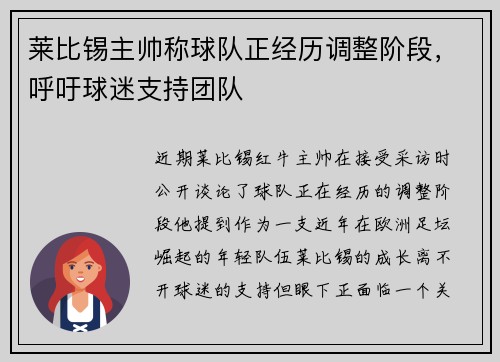 莱比锡主帅称球队正经历调整阶段，呼吁球迷支持团队