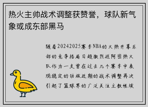热火主帅战术调整获赞誉，球队新气象或成东部黑马