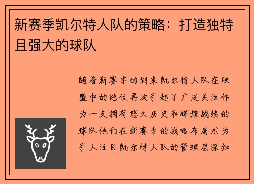 新赛季凯尔特人队的策略：打造独特且强大的球队