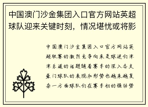 中国澳门沙金集团入口官方网站英超球队迎来关键时刻，情况堪忧或将影响本赛季前景