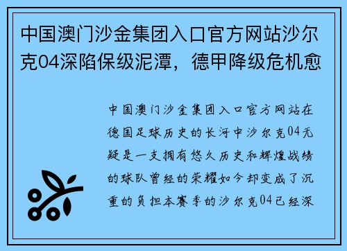 中国澳门沙金集团入口官方网站沙尔克04深陷保级泥潭，德甲降级危机愈发严重