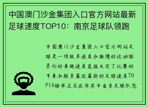 中国澳门沙金集团入口官方网站最新足球速度TOP10：南京足球队领跑