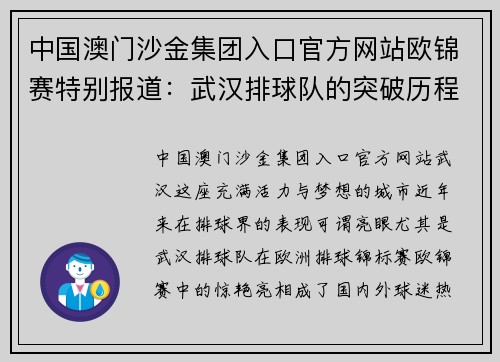 中国澳门沙金集团入口官方网站欧锦赛特别报道：武汉排球队的突破历程