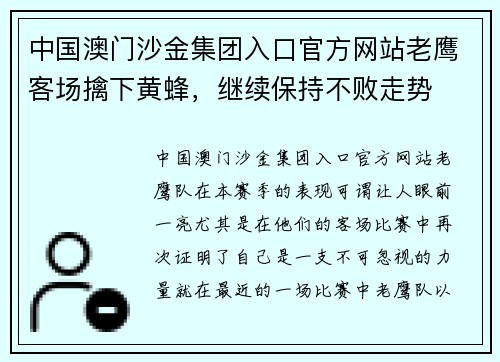 中国澳门沙金集团入口官方网站老鹰客场擒下黄蜂，继续保持不败走势