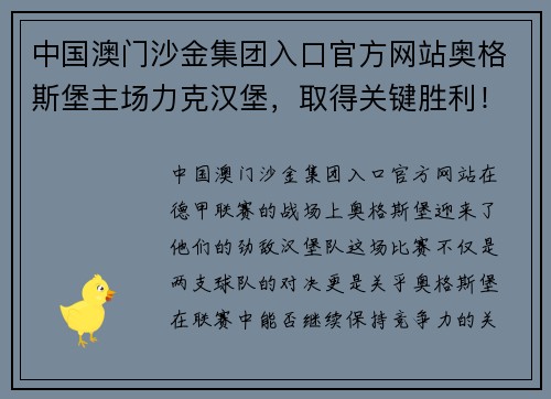 中国澳门沙金集团入口官方网站奥格斯堡主场力克汉堡，取得关键胜利！