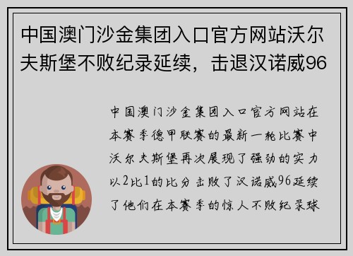 中国澳门沙金集团入口官方网站沃尔夫斯堡不败纪录延续，击退汉诺威96，继续领跑德甲联赛